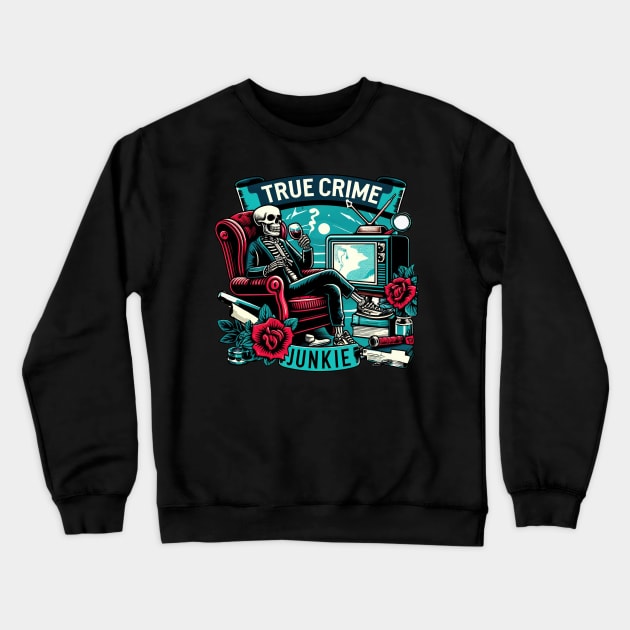 "True Crime Junkie" Funny Skeleton Crewneck Sweatshirt by FlawlessSeams